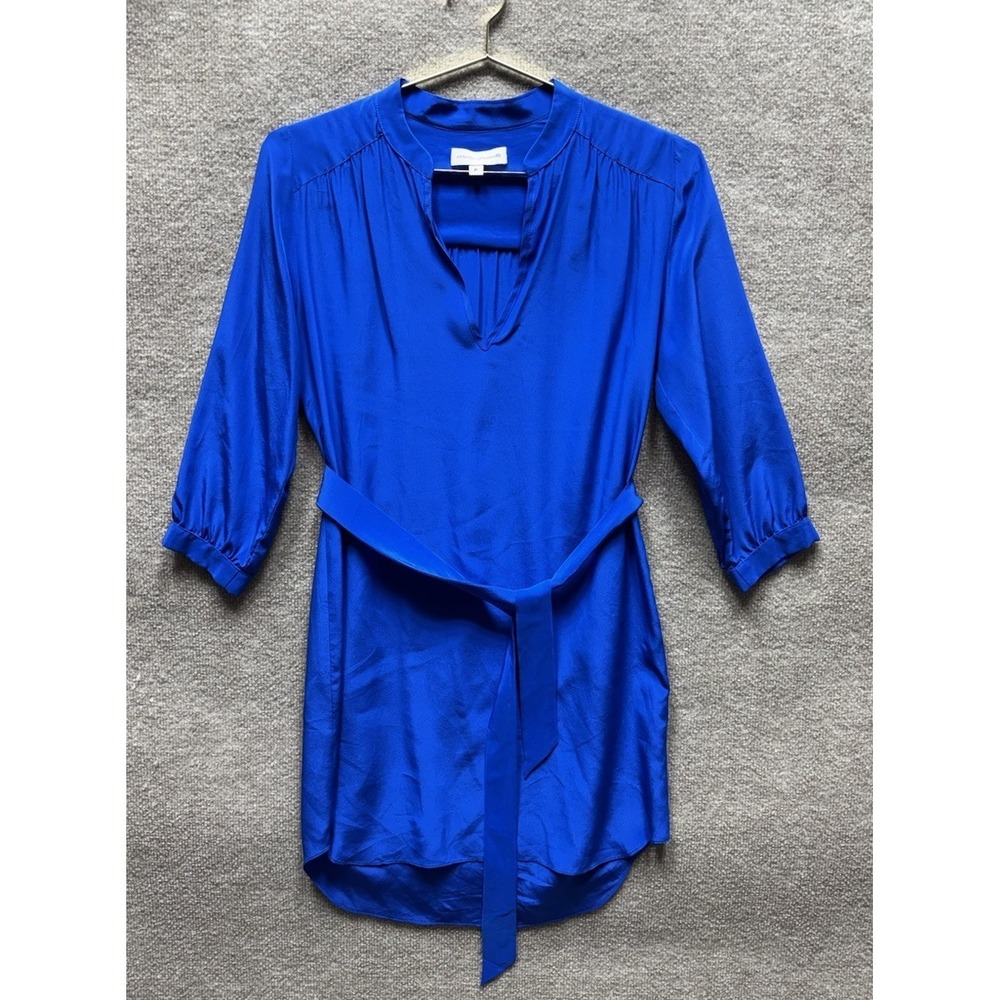 Amanda Uprichard Striped Tie-Waist Mini Dress Blue P Deep V 3/4 Sleeve Mini SILK